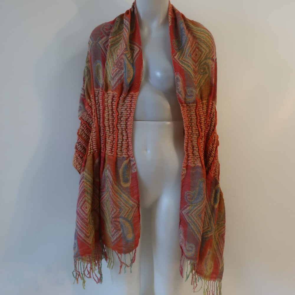 Womens Tina Demel Multicolor Ruched Paisley Fringed Scarf Shawl Wrap